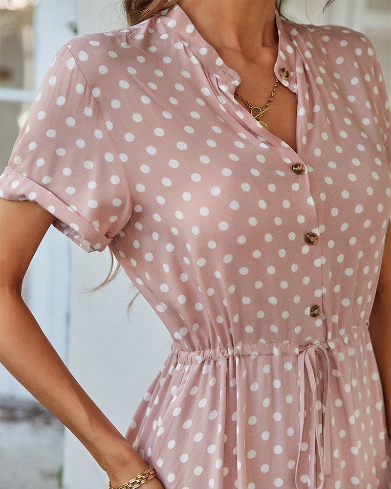 Cheky - Polka Dot Print Shirt Collar Large Swing Dress