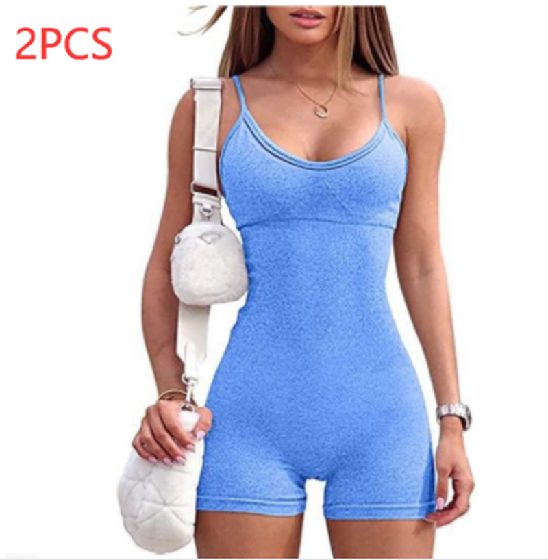 Cheky - Spaghetti Strap Shorts Jumpsuit Sports Yoga Workout Tight Romper Women Fashion Fitness Sportwear