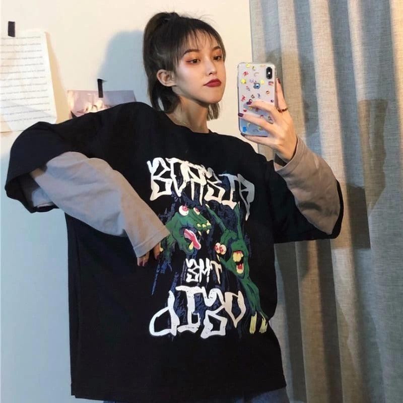 Cheky - Spring sports fake two-piece hedging cartoon T-shirt women loose