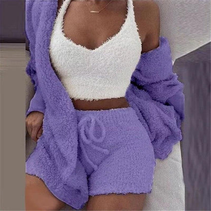 Cheky - Winter Sexy Women Home Wear Suit Casual Pajamas Set Lady Female Soft Warm Long Sleeve Exposed Navel Vest Shorts Set