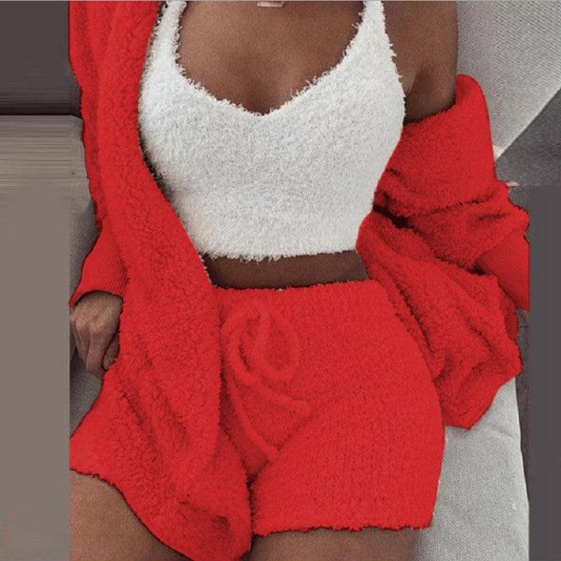 Cheky - Winter Sexy Women Home Wear Suit Casual Pajamas Set Lady Female Soft Warm Long Sleeve Exposed Navel Vest Shorts Set