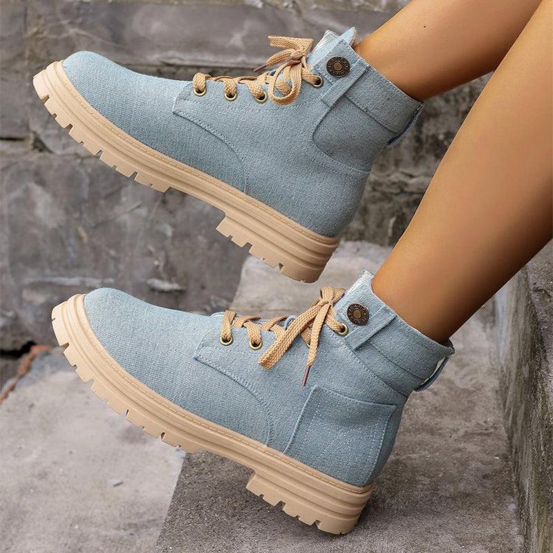 Cheky - Lace-up Denim Ankle Boots Women Fashion Platform Cowboy Boots Casual Fashion Autumn Winter Round Toe Shoes