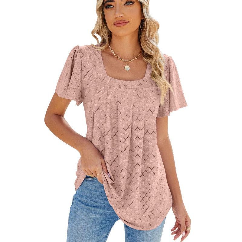 Cheky - Summer Square Neck Pleated Short-sleeved T-shirt Loose Solid Color Ruffled Hollow Design Top For Womens Clothing