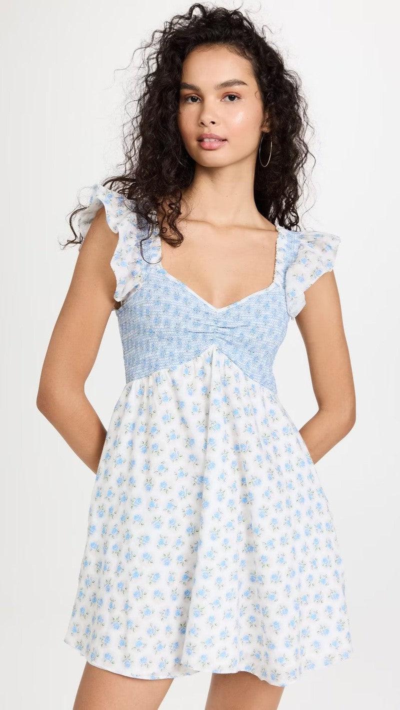 Cheky - French Vacation Style Small Blue Flowers Elastic Loose Dress