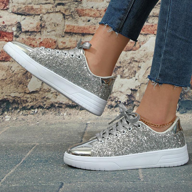 Cheky - Glitter Sequin Design Flats Shoes Women Trendy Casual Thick-soled Lace-up Sneakers Fashion Skateboard Shoes