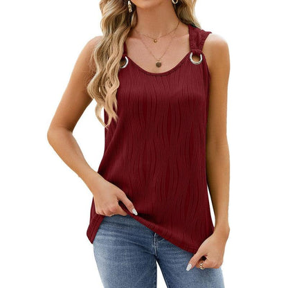 Cheky - Women's Vest With Metal Button Design Fashion Solid Color Round Neck Sleeveless T-shirt Summer Tank Tops Womens Clothing