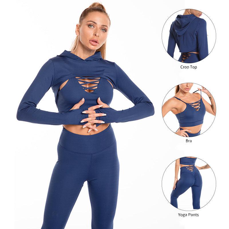 Cheky - 3pcs Sports Suits Long Sleeve Hooded Top Hollow Design Camisole And Butt Lifting High Waist Seamless Fitness Leggings Sports Gym Outfits Clothing