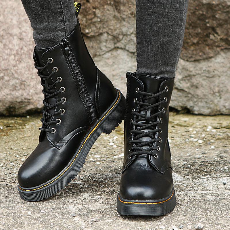 Cheky - Fashion Lace-up Boots For Women Autumn And Winter Black White Zipper Mid-calf Boots Elegant Low Heel Shoes