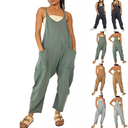 Cheky - Summer Women's Loose Sleeveless Jumpsuits Spaghetti Strap Long Pant Romper Jumpsuit With Pockets Zipper