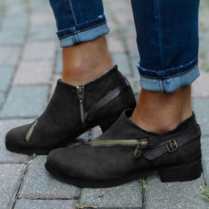 Cheky - Retro Ankle Boots With Side Zipper Belt Buckle Design Round Toe Low Heel Boot Female Winter Autumn Fashion Women's Shoes