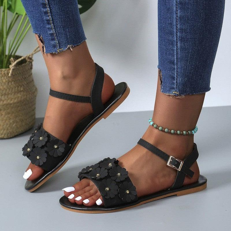 Cheky - Retro Flowers Sandals Summer Casual Versatile Round Toe Buckle Flat Beach Shoes For Women New Roman Shoes