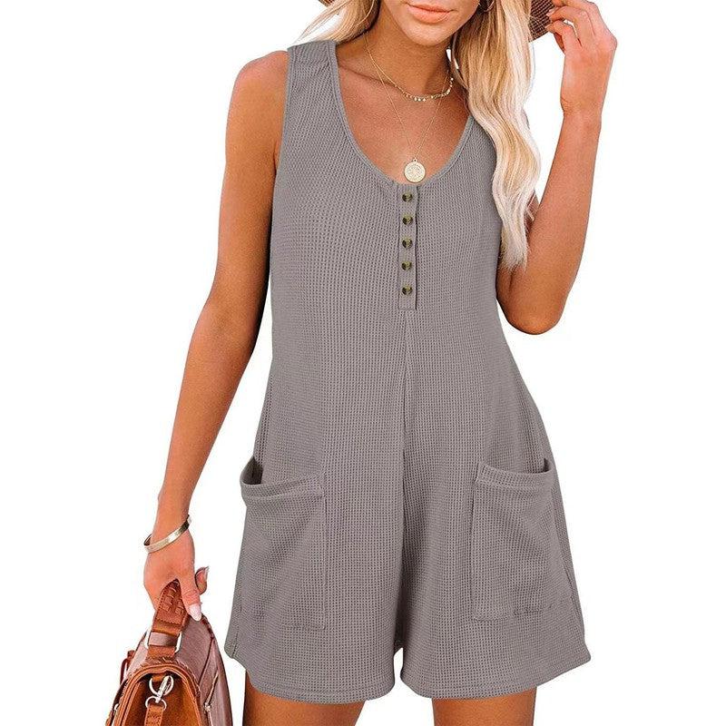 Cheky - Casual Waffle Button Jumpsuit With Pockets Fashion Summer Beach Straight Shorts Overall Pants Womens Clothing