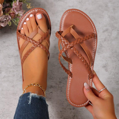 Cheky - Cross-woven Design Thong Sandals Summer Flat Shoes Women Flip Flops Slides Casual Vacation Beach Slippers