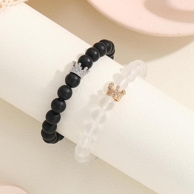 Cheky - Fashion Jewelry 2pcs Handmade Crown Beaded Charms Bracelet Luminou Heart Glow In The Dark Couple Bracelet For Lover Men Women Fluorescent Gift