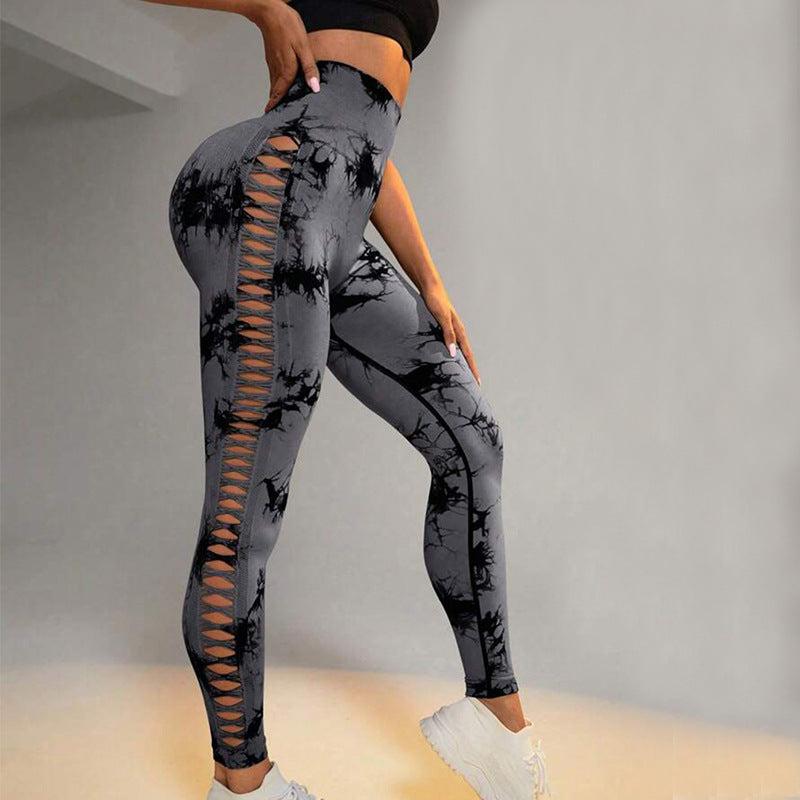 Cheky - Hollow Tie Dye Printed Yoga Pants High Waist Butt Lift Seamless Sports Gym Fitness Leggings Slim Pants For Women Tight Trousers