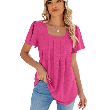 Cheky - Summer Square Neck Pleated Short-sleeved T-shirt Loose Solid Color Ruffled Hollow Design Top For Womens Clothing