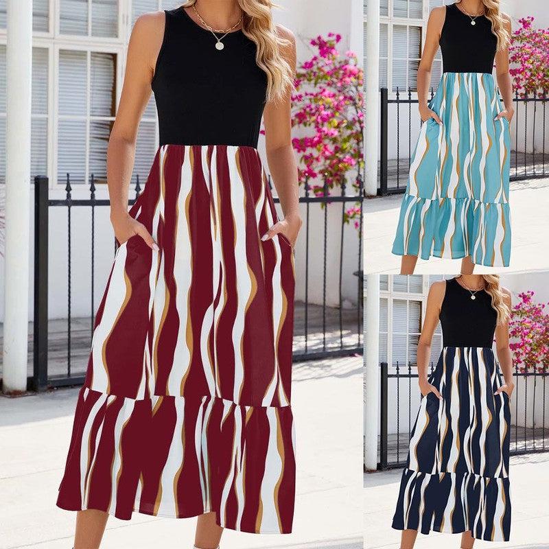 Cheky - Round Neck Sleeveless Long Dress Summer Fashion Striped Print Dresses Womens Clothing