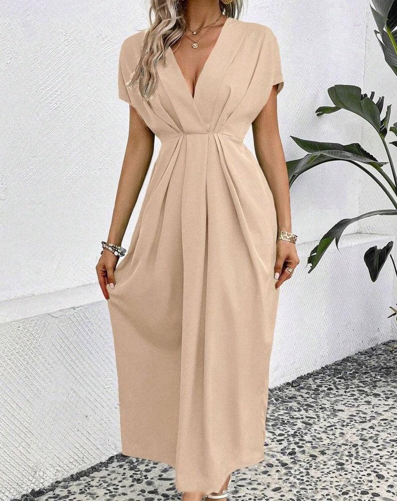 Cheky - Solid Color Deep V Shoulder Sleeve Folding Elastic Waist Long Dress