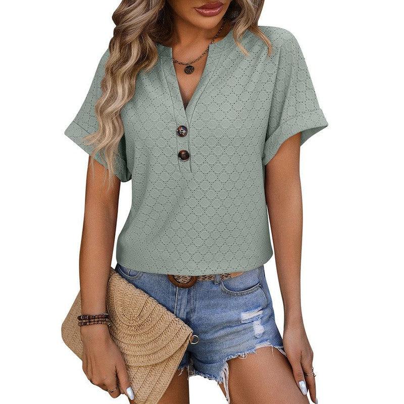 Cheky - New Hollow Circle Design T-shirt V-neck Button Solid Color Short-sleeved T-shirt Tops For Womens Clothing