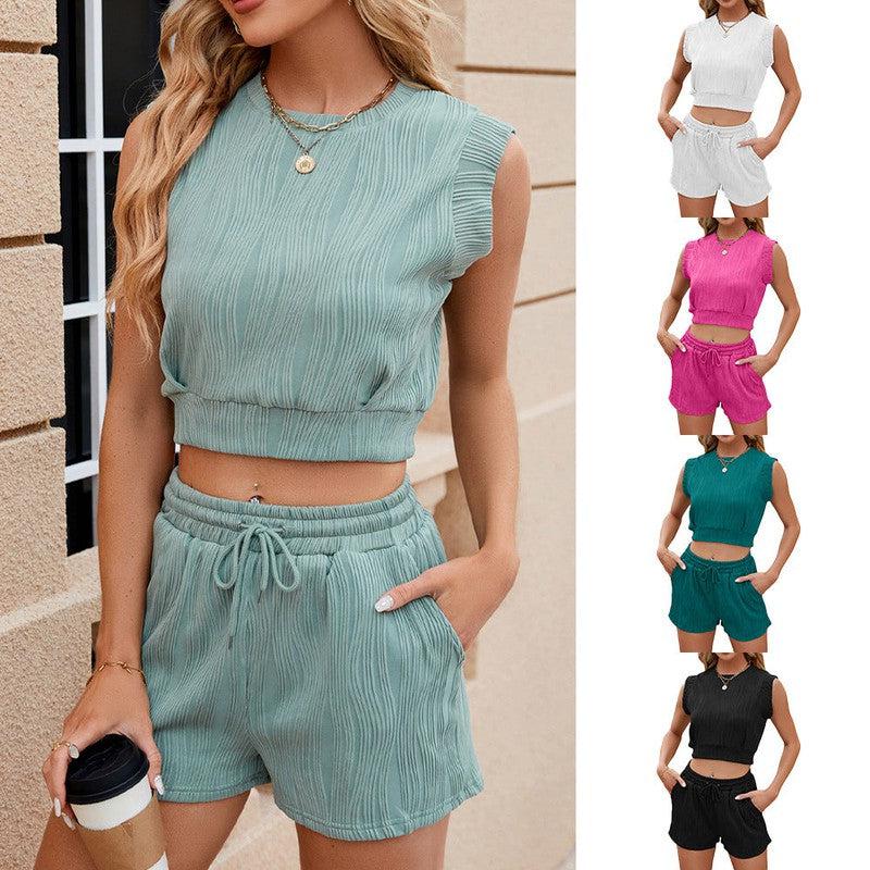 Cheky - Solid Color Wave Pattern Design Suit For Women Casual Round Neck Sleeveless Top And Drawstring Design Shorts Fashion 2-piece Set Summer Clothing