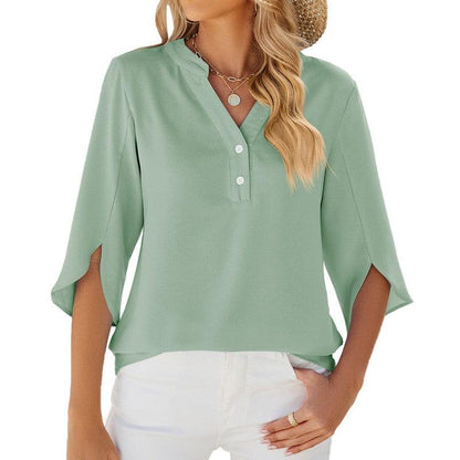 Cheky - Button V-neck Mid-sleeve Chiffon Shirt Solid Color Top Womens Clothing