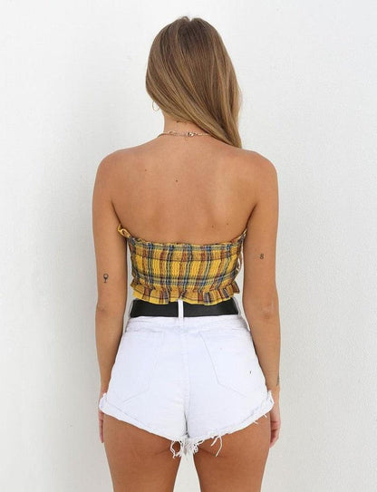 Cheky - Plaid Ruffle Lace Up Tank Top Sexy Bohemian Fitness Yellow Crop Top Off Shoulder Backless Vintage Short Tops