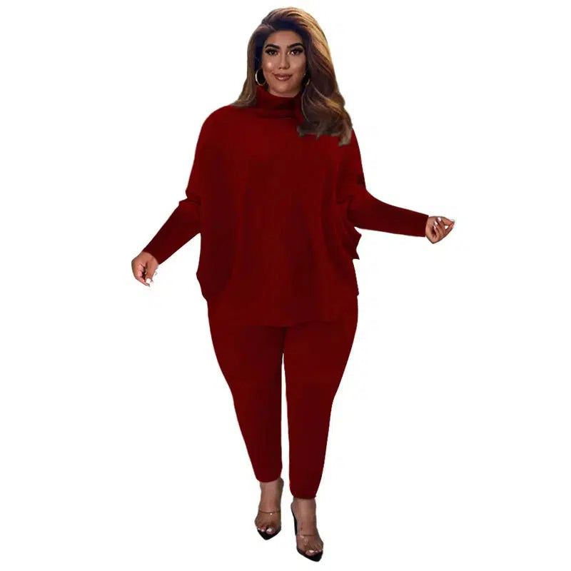 Cheky - Knitted Plus Size Women 2 Piece Set Casual Solid Bat Sleeve Split Knit Top Trousers Ribbed Pit Strip Matching Fall Winter Outfit