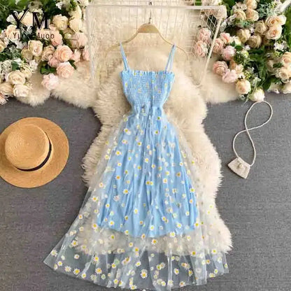 Cheky - YuooMuoo Korean Fashion Daisy Flower Print Mesh Party Dress Summer Two Layers Spaghetti Strap Vacation Midi Dress Beach Vestidos