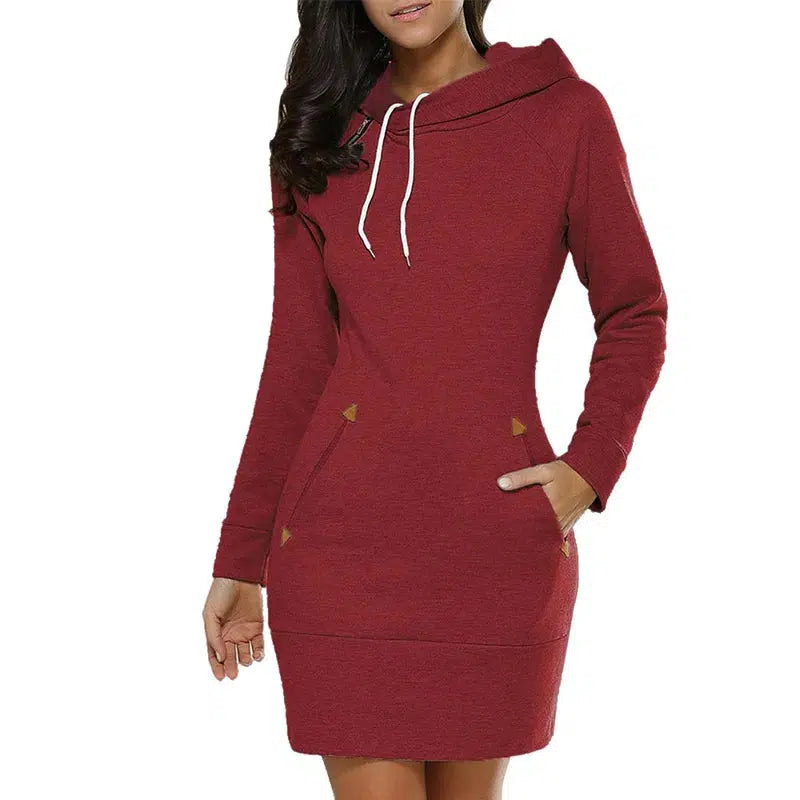 Cheky - Women‘s Knee-Length Pockets Dress Hooded Warm Sweat Shirt Long Sleeve Side Zip Neckline Simple Casual Sports Skirt