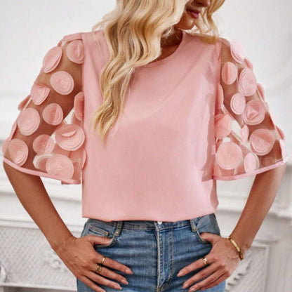 Cheky - Round Neck Hollow-out Short-sleeved Shirt Casual Top