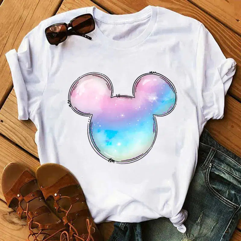 Cheky - Disney T Shirt Women Flower Minnie Mouse Clothes Leopard Print Kawaii T-Shirt Summer Tops Harajuku Black Women Tees