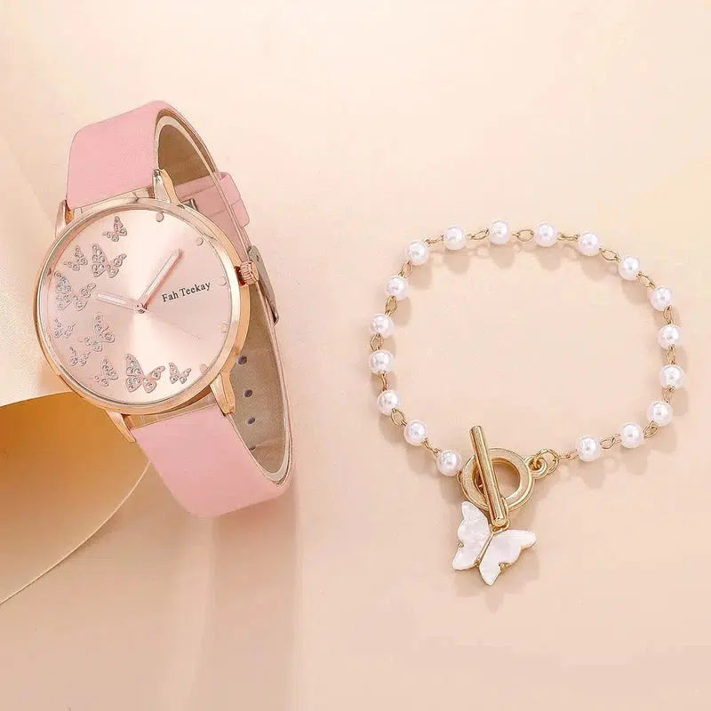 Cheky - 2pcs Set Womens Butterfly Watches Ladies Fashion Watch New Simple Casual Women Analog WristWatch Bracelet Gift