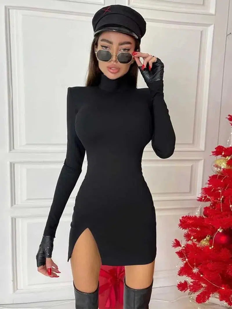 Cheky - Women Spring Autumn Long Sleeve Bodycon Soild Color Black Slim Package Hip Mini Dress Female Clothing Streetwear