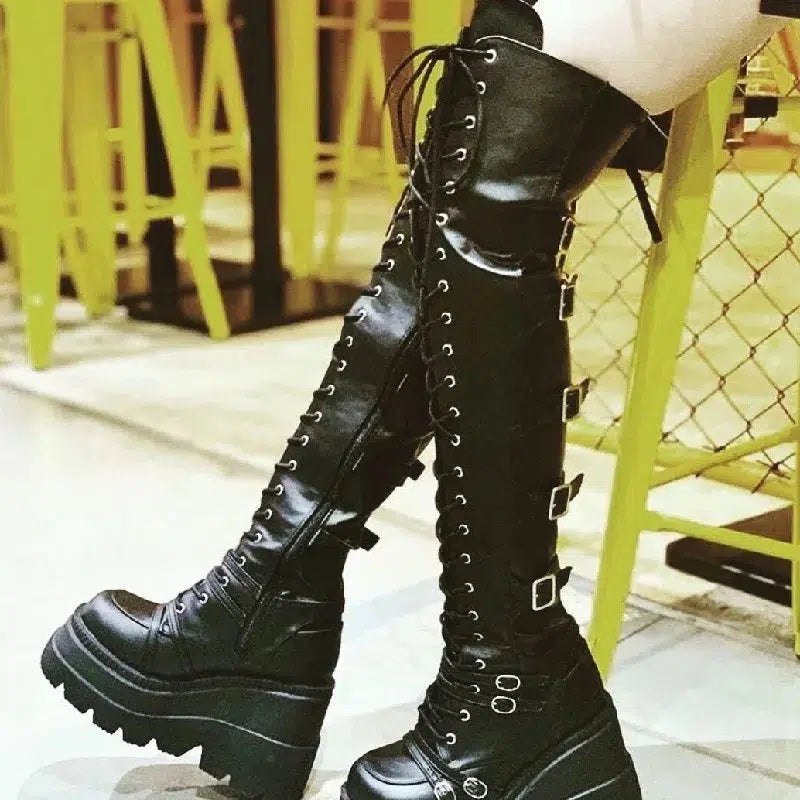 Cheky - Gothic Thigh High Boots Women Platform Wedges Motorcycle Boot Over The Knee Army Stripper Heels Punk Lace-up Belt Buckle Long