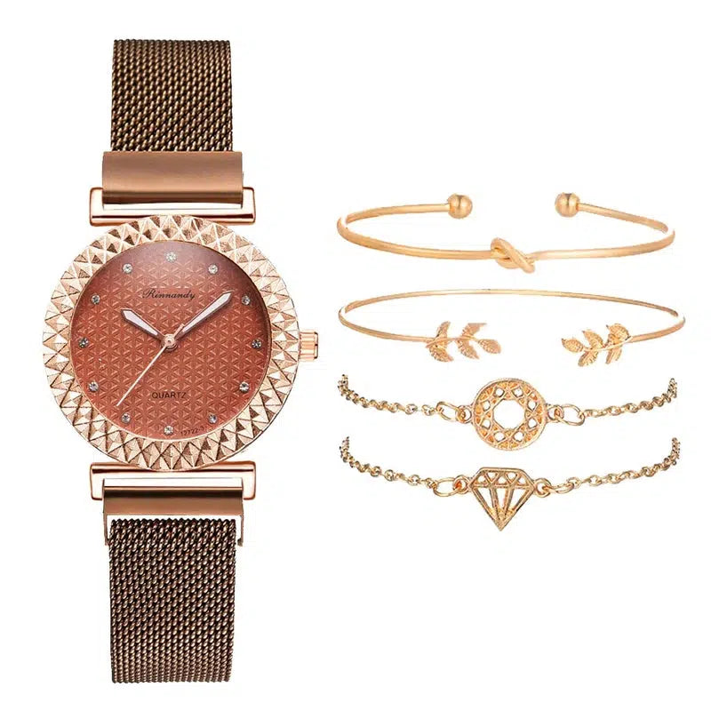 Cheky - 5PCS Women Watch Set Luxury Rose Gold Dress Quartz Watch Bracelet Ladies Sports Wrist Watch Clock Gift Women Relogio Feminino