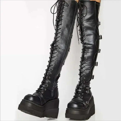 Cheky - Gothic Thigh High Boots Women Platform Wedges Motorcycle Boot Over The Knee Army Stripper Heels Punk Lace-up Belt Buckle Long