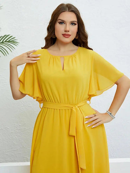 Cheky - Chiffon Party Dresses For Women Plus Size Summer Solid Color Casual Boho Beach Dress Ruffle Short Sleeve Belted Wrap Dress