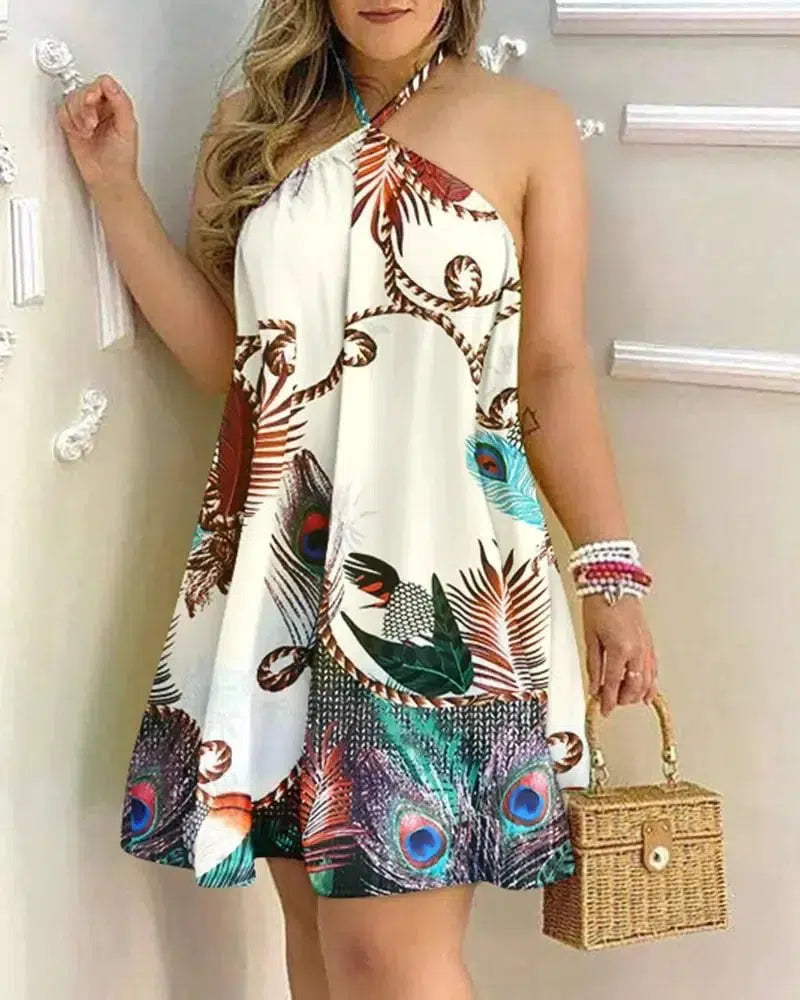 Cheky - Tropical Print Halter Neck Dress, Vacation Style Backless Dress For Spring & Summer, Women's Clothing