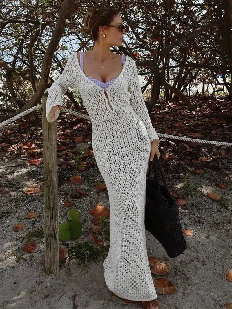 Cheky - Tossy White Knit Fashion Cover up Maxi Dress Female See-Through V-Neck Hollow Out Beach Holiday Dress Knitwear Backless Dress