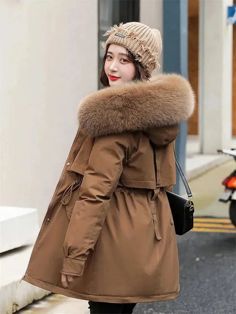 Cheky - Winter Coat Men Women Short Loose Add Velvet Thick Warmth Fur Hooded Parkas 2023 Fashion Korean Adjutable Belt Slim Cotton Coat