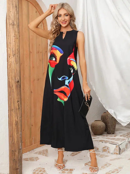 Cheky - Ladies Spring Summer Long Dress Women Black Sleeveless V-neck Loose Party Dresses Casual Face Print Vintage Beach Dress