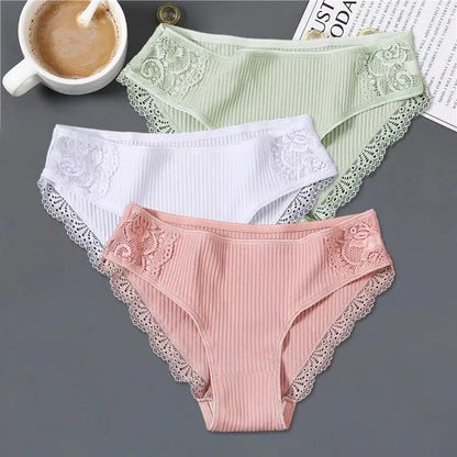 Cheky - FINETOO 3Pcs/set Women Cotton Panties M-2XL Low-Rise Underwear Trendy Patchwork Lace Briefs Female Soft Underpants Lingerie 2022