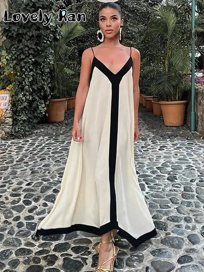 Cheky - Elegant Suspender Maxi Dress Women's Sexy Summer Sling Beach Dresses Female Backless V-neck Contrast Color Vacation Long Dresses