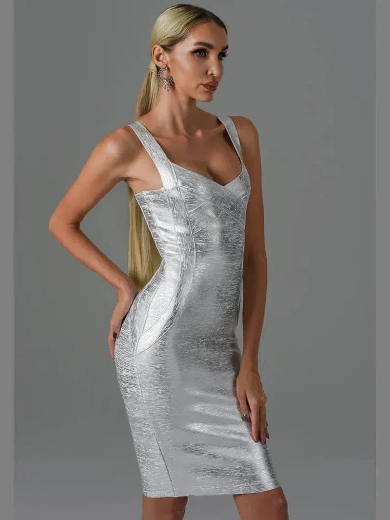 Cheky - New Women Summer Style Sexy Sleeveless Backless Gold Silver Bronzing Midi Bodycon Bandage Dress Elegant Evening Party Dress