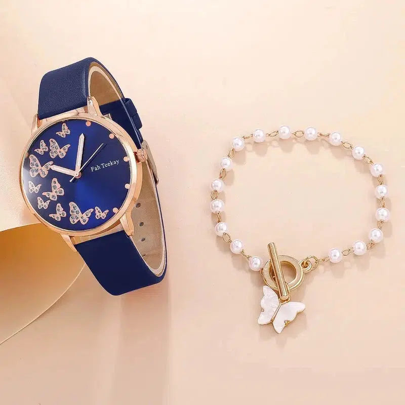 Cheky - 2pcs Set Womens Butterfly Watches Ladies Fashion Watch New Simple Casual Women Analog WristWatch Bracelet Gift