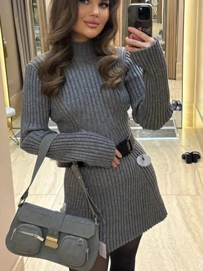 Cheky - Elegant Solid Ribbed Knitted Short Dress For Women Long Sleeve O Neck Mini Dresses Fashion Autumn Lady Party Club Vestidos