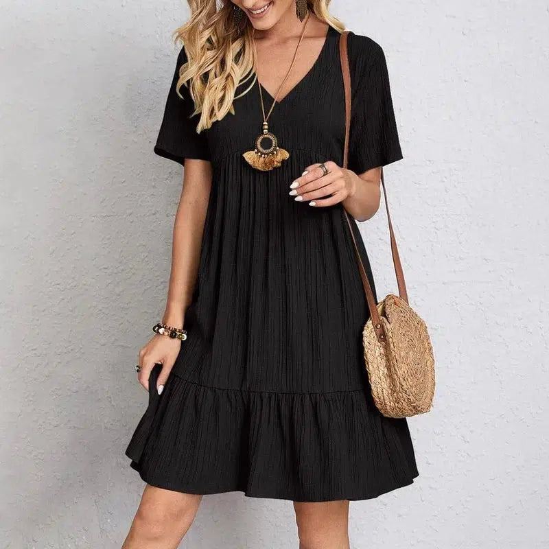 Cheky - Summer Womens Short Sleeve Mini Dress Ladies Pleated Ruffle Solid Dresses Casual V Neck Vintage Loose Vestidos