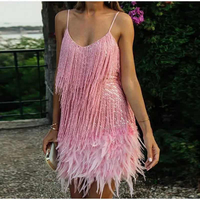 Cheky - New Sexy Tassel Sequins Feather Mini Dress Women Spaghetti Strap Stitching Dresses Female Elegant Evening Party Club Dress