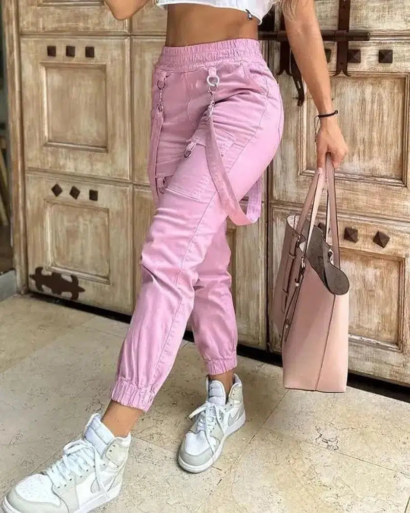 Cheky - Women's Cargo Pants Casual Trousers New Solid Color Trend Street Pocket Design Cuff Suspenders Decorative Cargo Pants