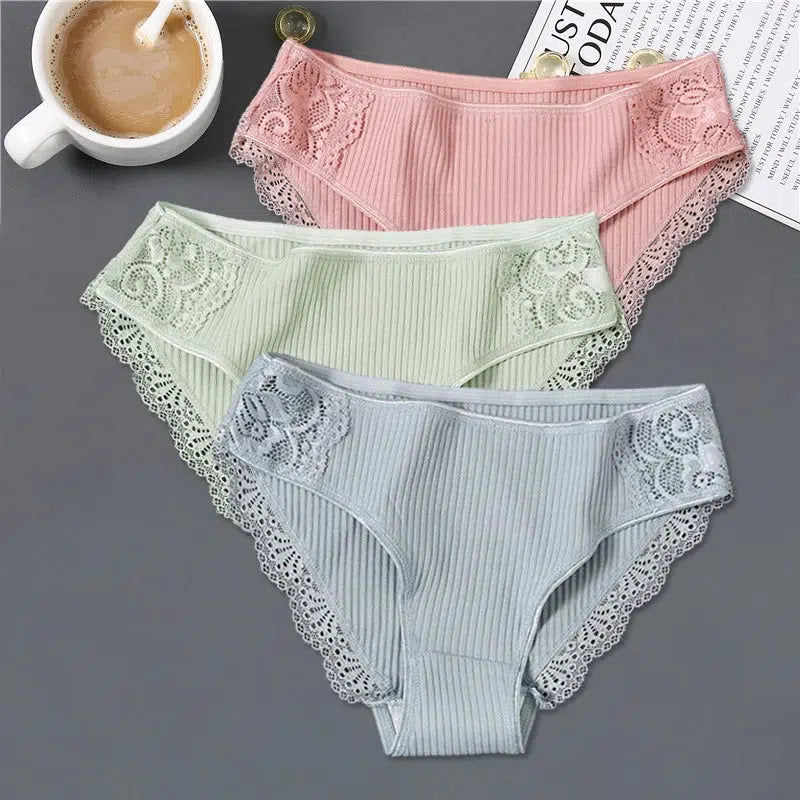 Cheky - FINETOO 3Pcs/set Women Cotton Panties M-2XL Low-Rise Underwear Trendy Patchwork Lace Briefs Female Soft Underpants Lingerie 2022